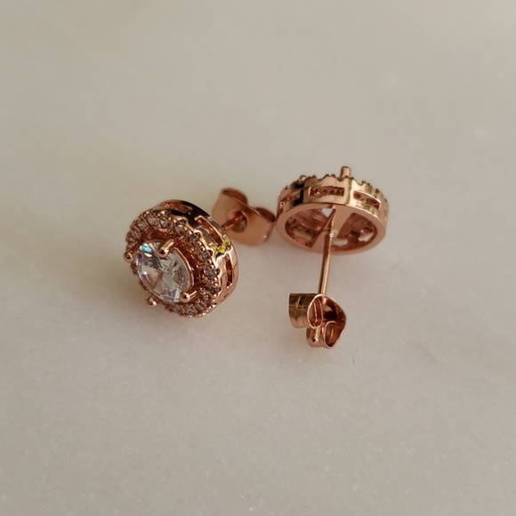Round Rose Gold Earrings with Real Cubic Zirconia - Picture 7 of 7